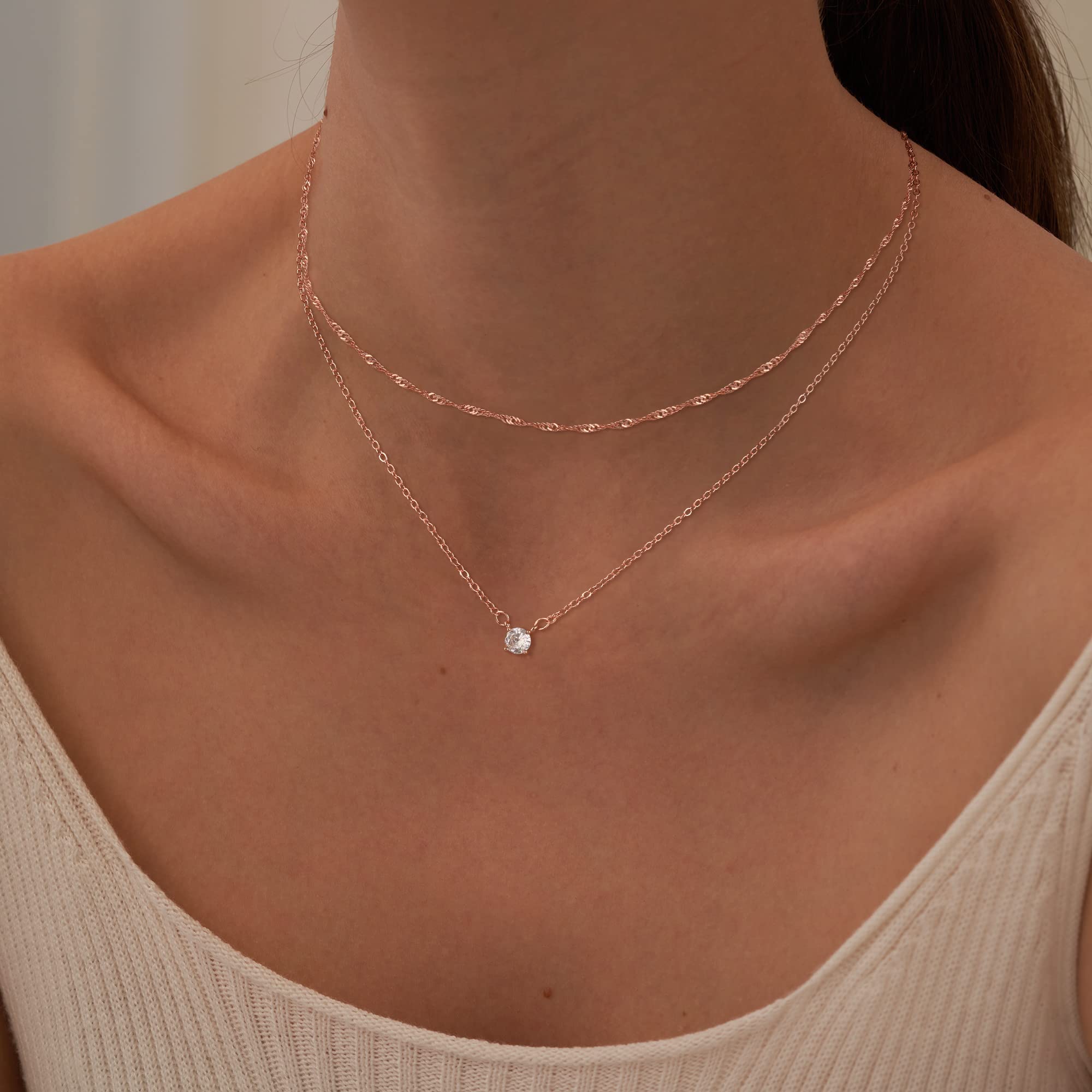 Tewiky Rose Gold Necklace, 14k Rose Gold Plated Layered Diamond Necklaces, Chain Choker Necklaces for Women CZ Solitaire Simple Rose Gold Jewelry for Womens