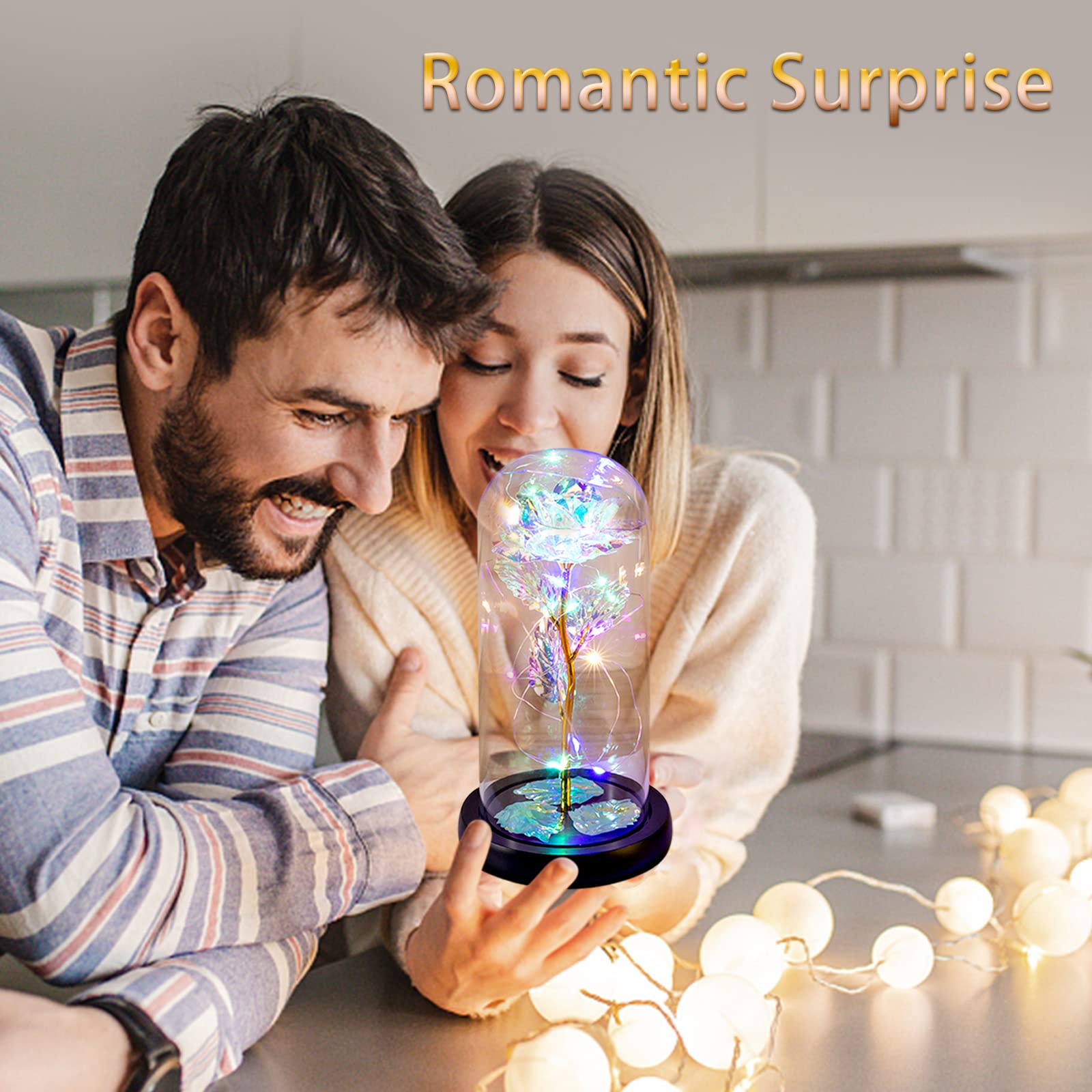 Glass Rose Gifts for Mom/Grandma/Wife, for Her with Greeting Card, Colorful Light Up Eternal Rose in A Glass Dome