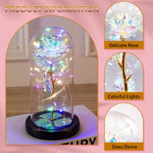 Glass Rose Gifts for Mom/Grandma/Wife, for Her with Greeting Card, Colorful Light Up Eternal Rose in A Glass Dome