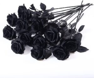 laelfe 12 pcs artificial flowers black roses, fake silk flower long stem artificial black rose for halloween home wedding party decorations(black)