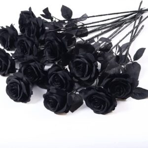 Laelfe 12 PCS Artificial Flowers Black Roses, Fake Silk Flower Long Stem Artificial Black Rose for Halloween Home Wedding Party Decorations(Black)