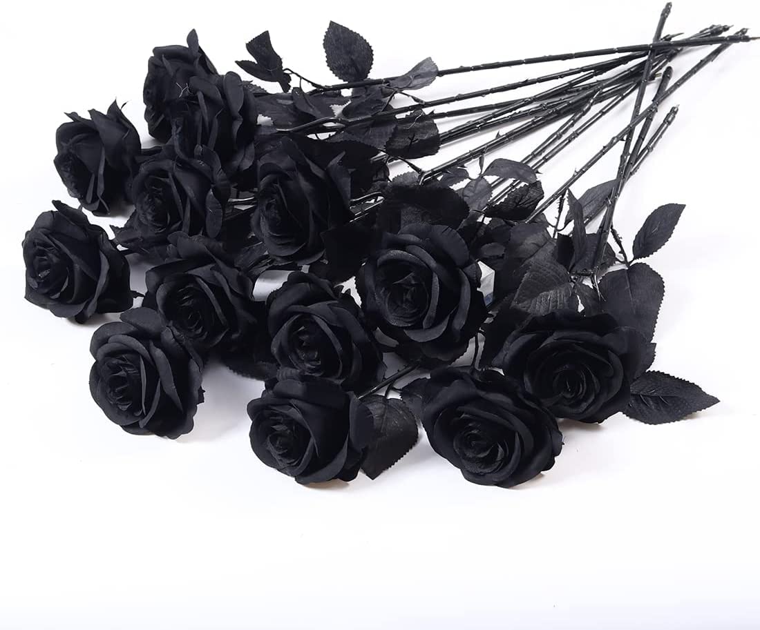 Laelfe 12 PCS Artificial Flowers Black Roses, Fake Silk Flower Long Stem Artificial Black Rose for Halloween Home Wedding Party Decorations(Black)