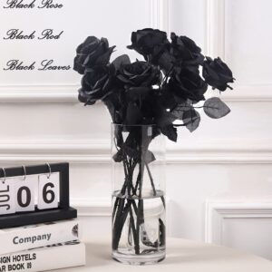 Laelfe 12 PCS Artificial Flowers Black Roses, Fake Silk Flower Long Stem Artificial Black Rose for Halloween Home Wedding Party Decorations(Black)