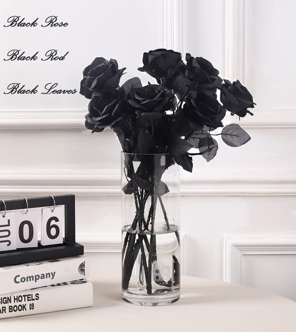 Laelfe 12 PCS Artificial Flowers Black Roses, Fake Silk Flower Long Stem Artificial Black Rose for Halloween Home Wedding Party Decorations(Black)