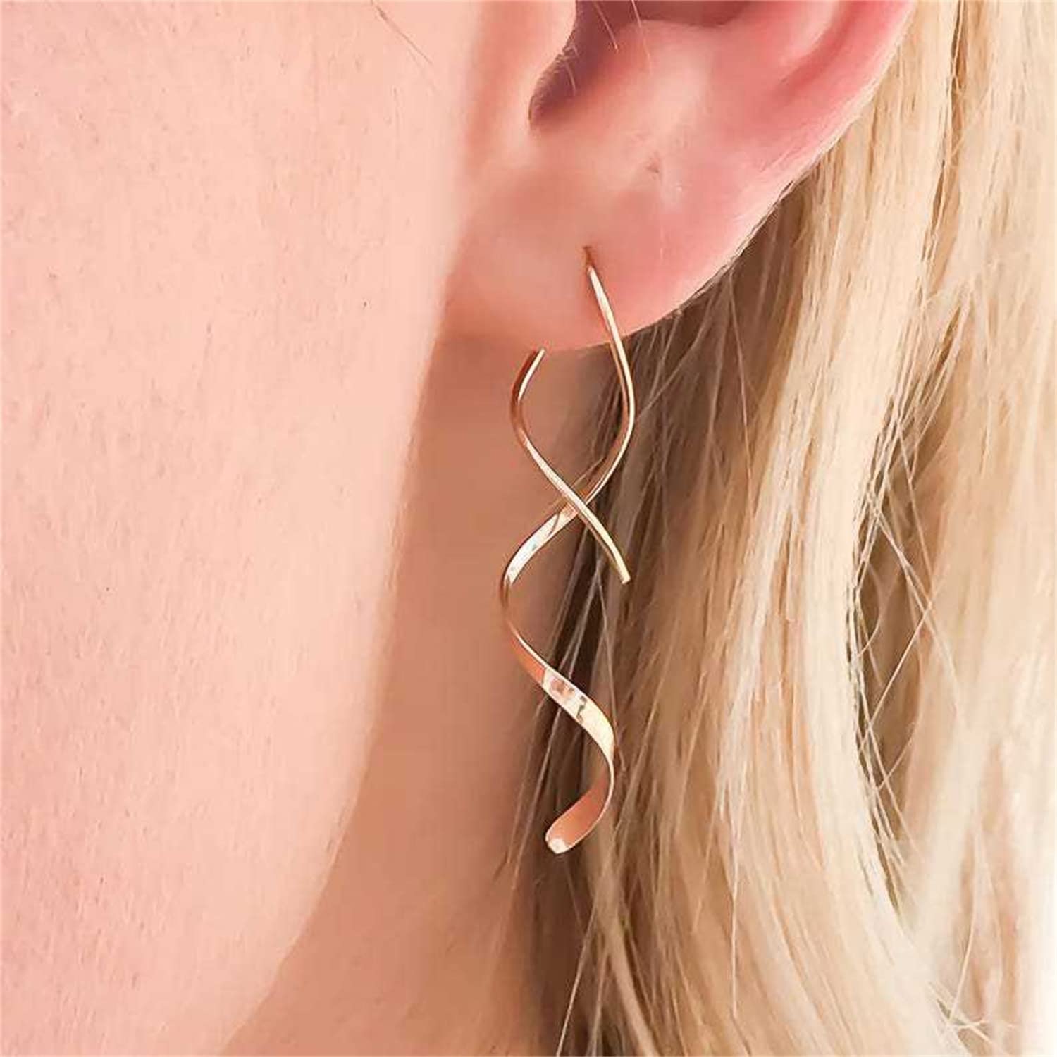 Earrings for Women Spiral threader earrings hand bent dangle earrings for women，suitable for gift giving, perfect for your birthday party, Christmas, gift giving. (14K rose gold pair)