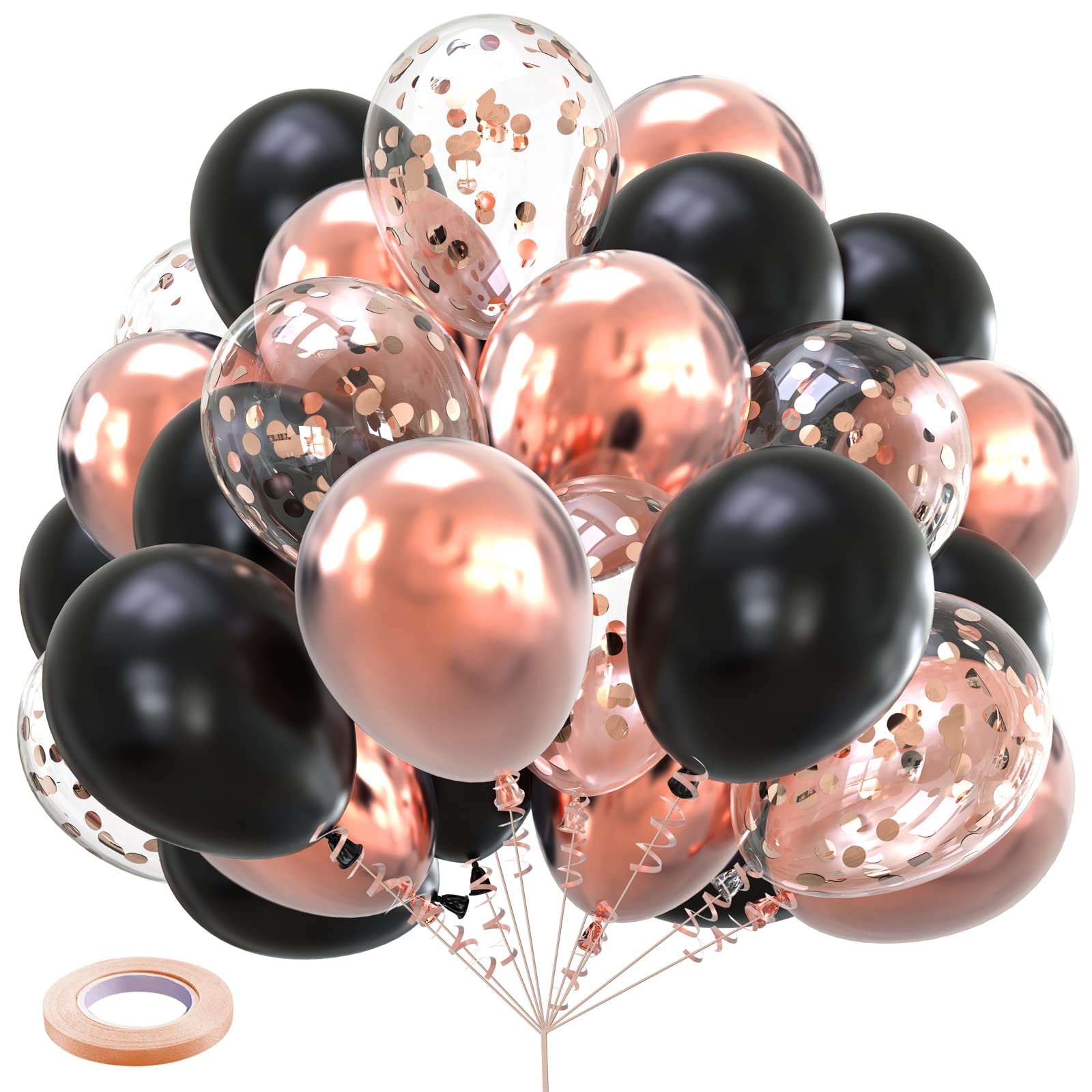 Kelfara Rose Gold and Black Balloons 60Pcs 12 inch Matte Black Rose Gold and Confetti Latex Balloon Bulk for Birthday Party Bridal Shower Wedding Engagement Anniversary Prom Decorations