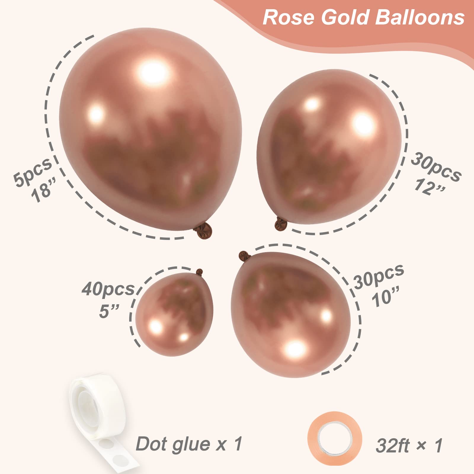 RUBFAC Rose Gold Valentine's Day Balloons Different Sizes 105pcs 5/10/12/18 Inch Metallic Rose Gold Balloon Garland Kit for Birthday Bachelorette Party Wedding Bridal Party Decoration