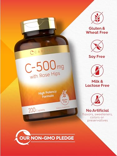 Carlyle Vitamin C with Rose Hips 500mg | 200 Caplets | High Potency Formula | Vegetarian, Non-GMO and Gluten Free Supplement