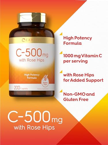 Carlyle Vitamin C with Rose Hips 500mg | 200 Caplets | High Potency Formula | Vegetarian, Non-GMO and Gluten Free Supplement