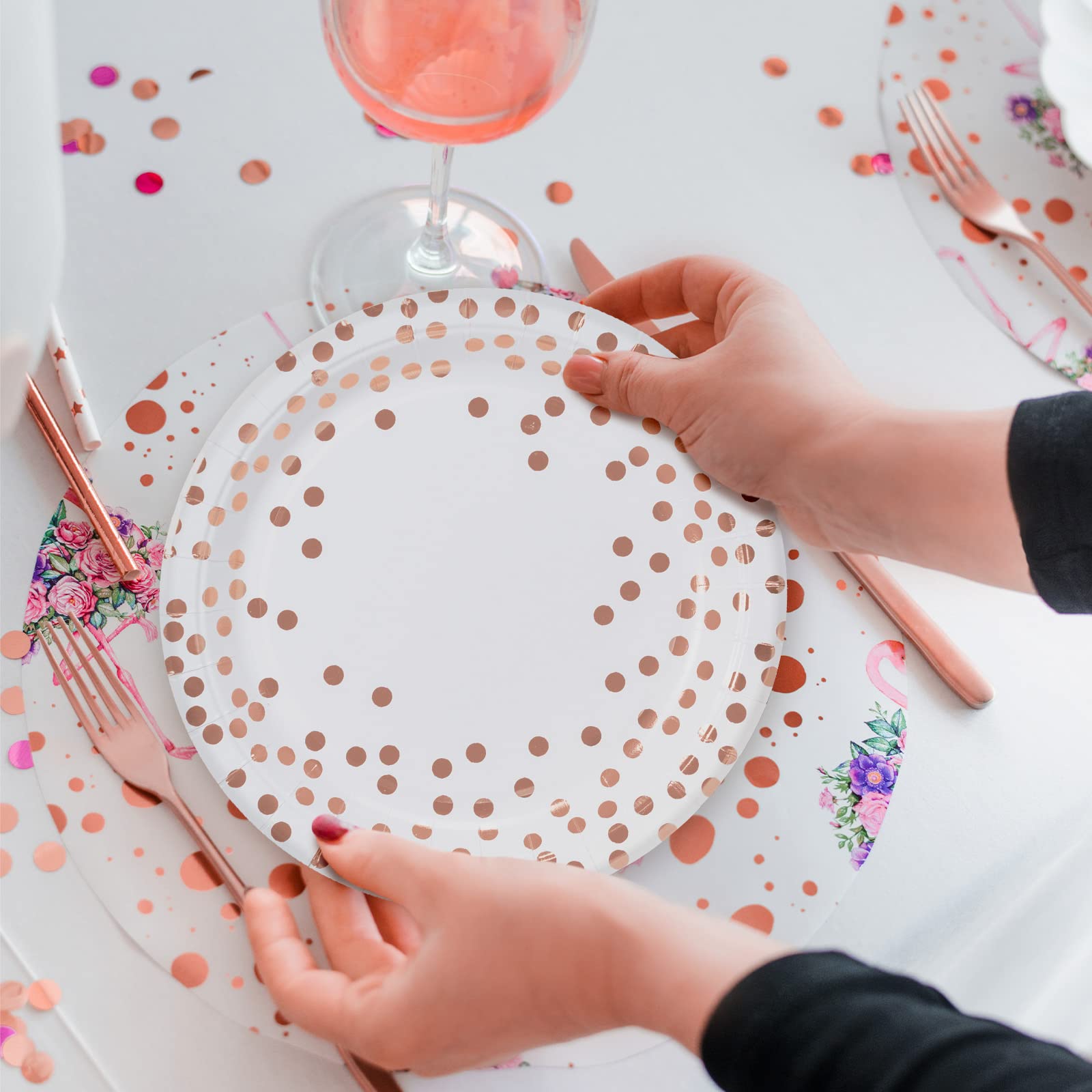 MATICAN Party Paper Plates, 50-Pack Disposable White and Rose Gold Plates, Foil Polka Dots, 9-Inch