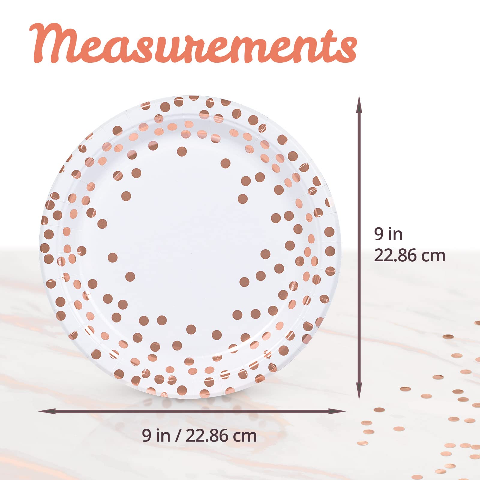 MATICAN Party Paper Plates, 50-Pack Disposable White and Rose Gold Plates, Foil Polka Dots, 9-Inch