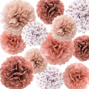 ansomo rose gold tissue paper pom poms flowers dusty pink coral polka dot wall hanging wedding birthday bridal baby shower party decorations 12" 10" pack of 12