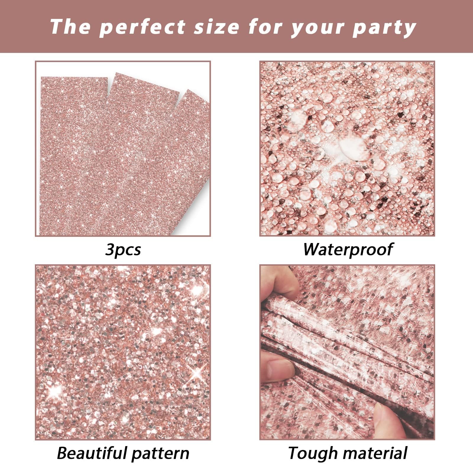 gisgfim 3pcs Pink Rose Golden Birthday Party Tablecloths Rose Gold Sequin Plastic Table Cover Glitter Diamonds Happy Birthday Background Girls for Wedding, Graduation, Anniversary, Holiday(Plastic)