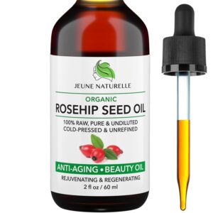 jeune naturelle rosehip oil organic, from fruit & seeds, pure, raw, virgin, cold pressed, undiluted body oil for skin care, for hair oil, gua sha, cuticle oil, face oil, organic rosehip seed oil, 2 oz