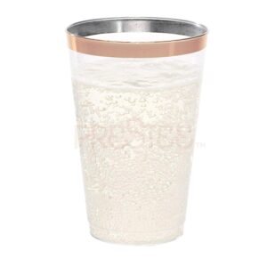 Prestee Rose Gold Rim Plastic Cups, 14 oz. 50 Pack, Hard Clear Plastic Cups, Disposable Party Cups, Fancy Wedding Tumblers, Elegant Decoration Cups, Plastic Tumblers Bulk