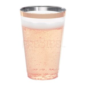 Prestee Rose Gold Rim Plastic Cups, 14 oz. 50 Pack, Hard Clear Plastic Cups, Disposable Party Cups, Fancy Wedding Tumblers, Elegant Decoration Cups, Plastic Tumblers Bulk