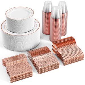 FOCUSLINE 600pcs Rose Gold Dinnerware Set for 100 Guests, Rose Gold Rim Plastic Plates Disposable, 100 Dinner Plates, 100 Salad Plates,100 Cups,100 Silverware Set for Wedding Parties