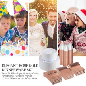 FOCUSLINE 600pcs Rose Gold Dinnerware Set for 100 Guests, Rose Gold Rim Plastic Plates Disposable, 100 Dinner Plates, 100 Salad Plates,100 Cups,100 Silverware Set for Wedding Parties