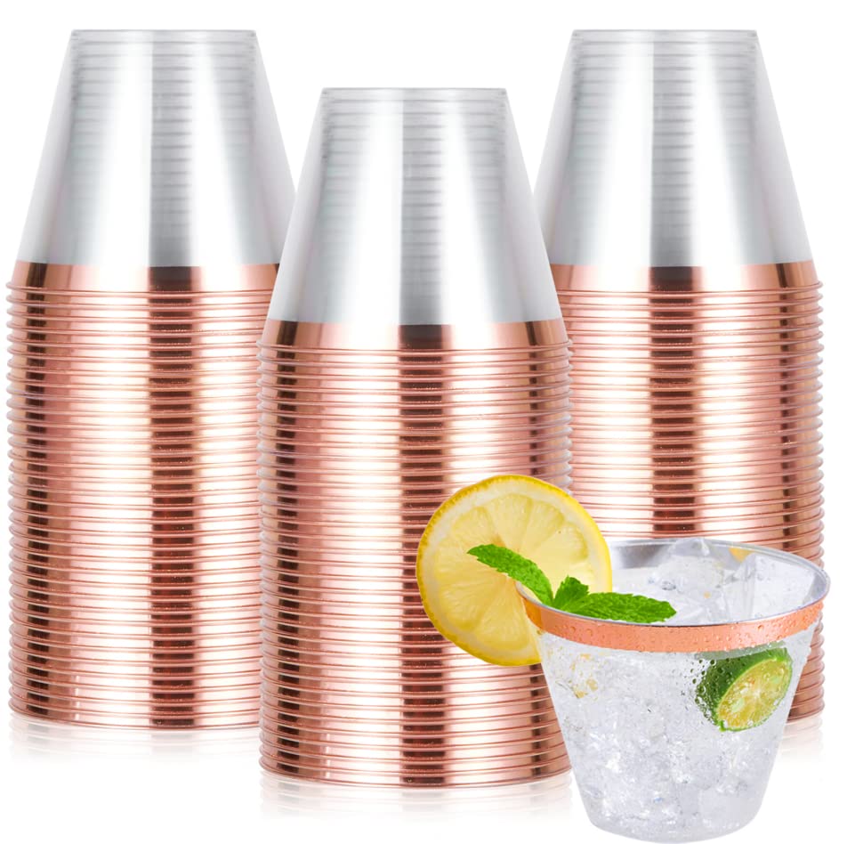 100 Pack Rose Gold Plastic Cups, 9 oz Clear Plastic Cups Tumblers, Elegant Rose Gold Rimmed Plastic Cups, Disposable Cups with Rose Gold Rim Perfect for Wedding, Thanksgiving Day, Christmas Party Cups