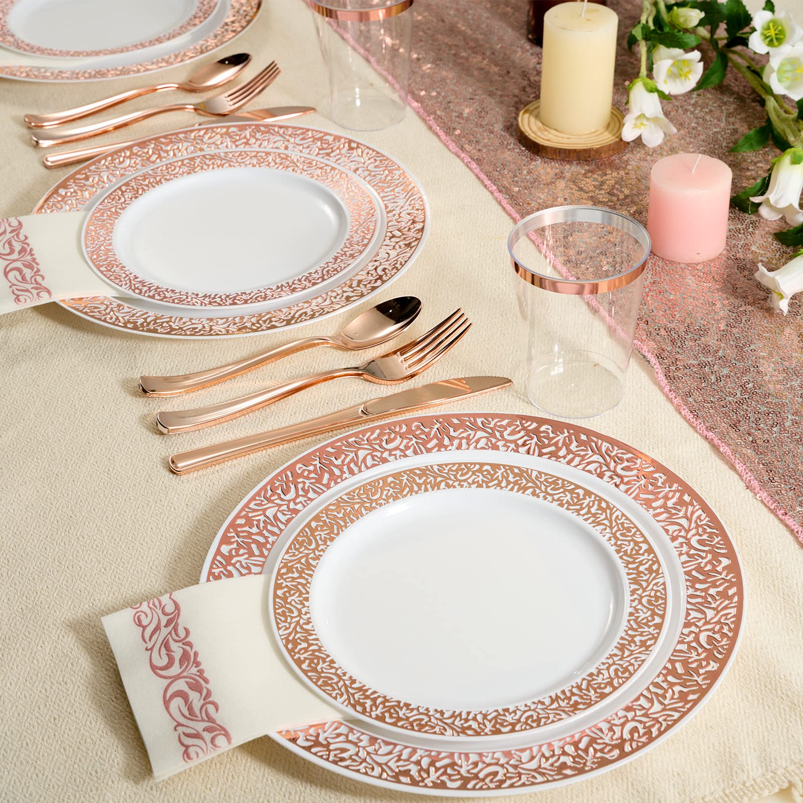 FOCUSLINE 350pcs Rose Gold Dinnerware Set for 50 Guests, Rose Gold Lace Plastic Plates Disposable Heavy Duty, Including 50 Dinner Plates, 50 Dessert Plates, 50 Cups, 50 Napkins, 50 Silverware Set