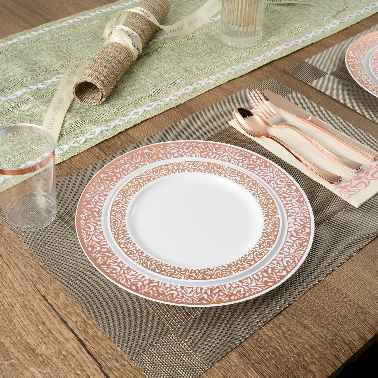 FOCUSLINE 350pcs Rose Gold Dinnerware Set for 50 Guests, Rose Gold Lace Plastic Plates Disposable Heavy Duty, Including 50 Dinner Plates, 50 Dessert Plates, 50 Cups, 50 Napkins, 50 Silverware Set