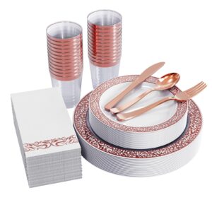 175 Piece Rose Gold Dinnerware Set 25 Guest-50 Rose Gold Lace Plastic Plates-25 Rose Gold Plastic Silverware-25 Rose Gold Plastic Cups-25 Rose Gold Paper Napkins, FOCUSLINE Disposable Dinnerware Set