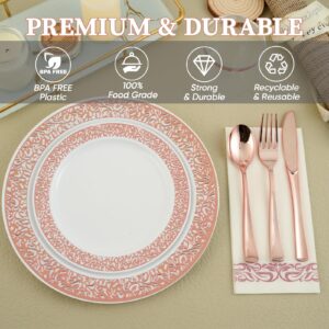 175 Piece Rose Gold Dinnerware Set 25 Guest-50 Rose Gold Lace Plastic Plates-25 Rose Gold Plastic Silverware-25 Rose Gold Plastic Cups-25 Rose Gold Paper Napkins, FOCUSLINE Disposable Dinnerware Set