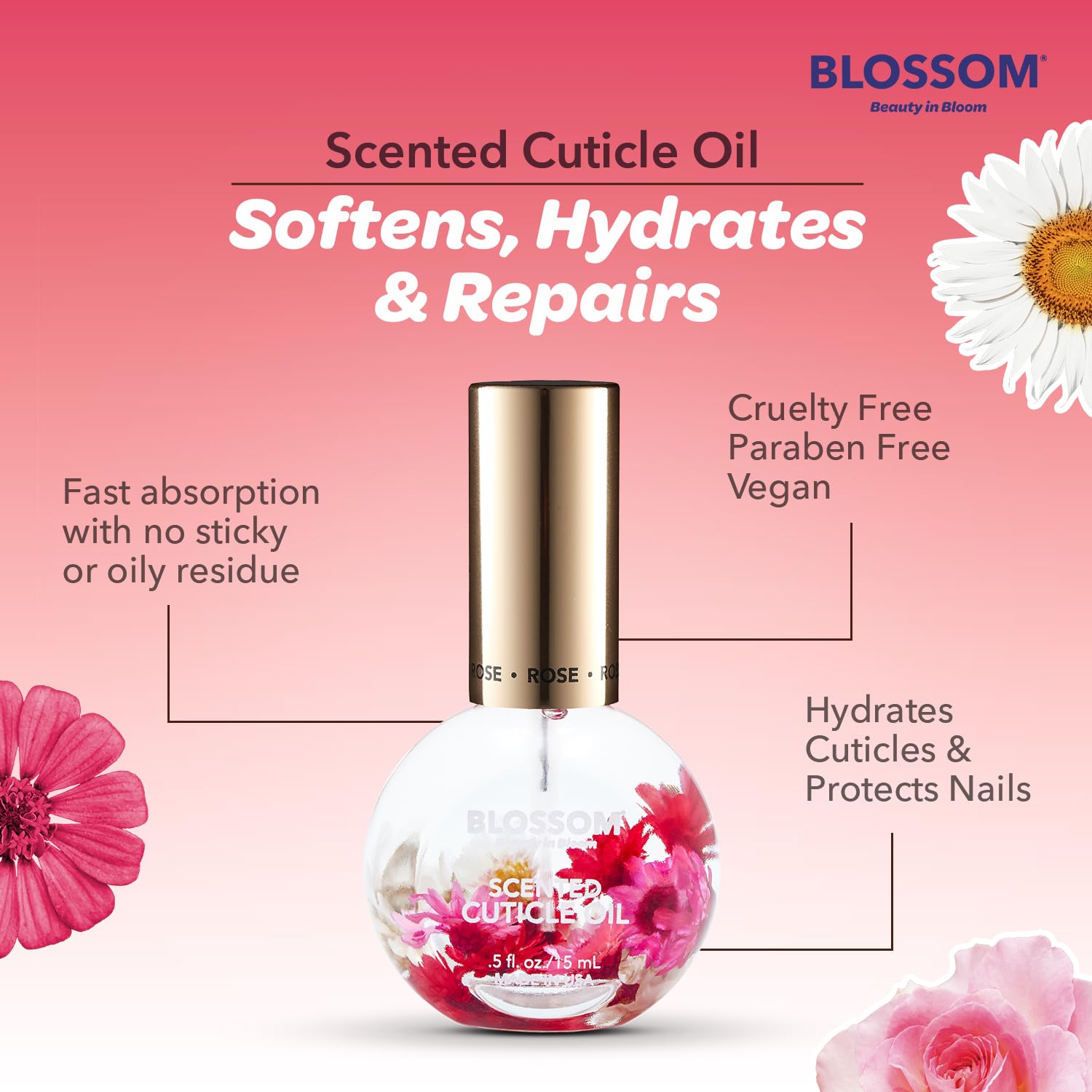 Blossom Hydrating, Moisturizing, Strengthening, Scented Cuticle Oil, Infused with Real Flowers, Made in USA, 0.5 fl. oz, Rose