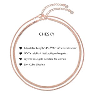 CHESKY 14K Gold/Silver Plated Snake Chain Necklace Herringbone Necklace Gold Choker Necklaces for Women Gifts Jewelry 1.5/3/5MM(W) 14"/16"(L) (layered rose gold)