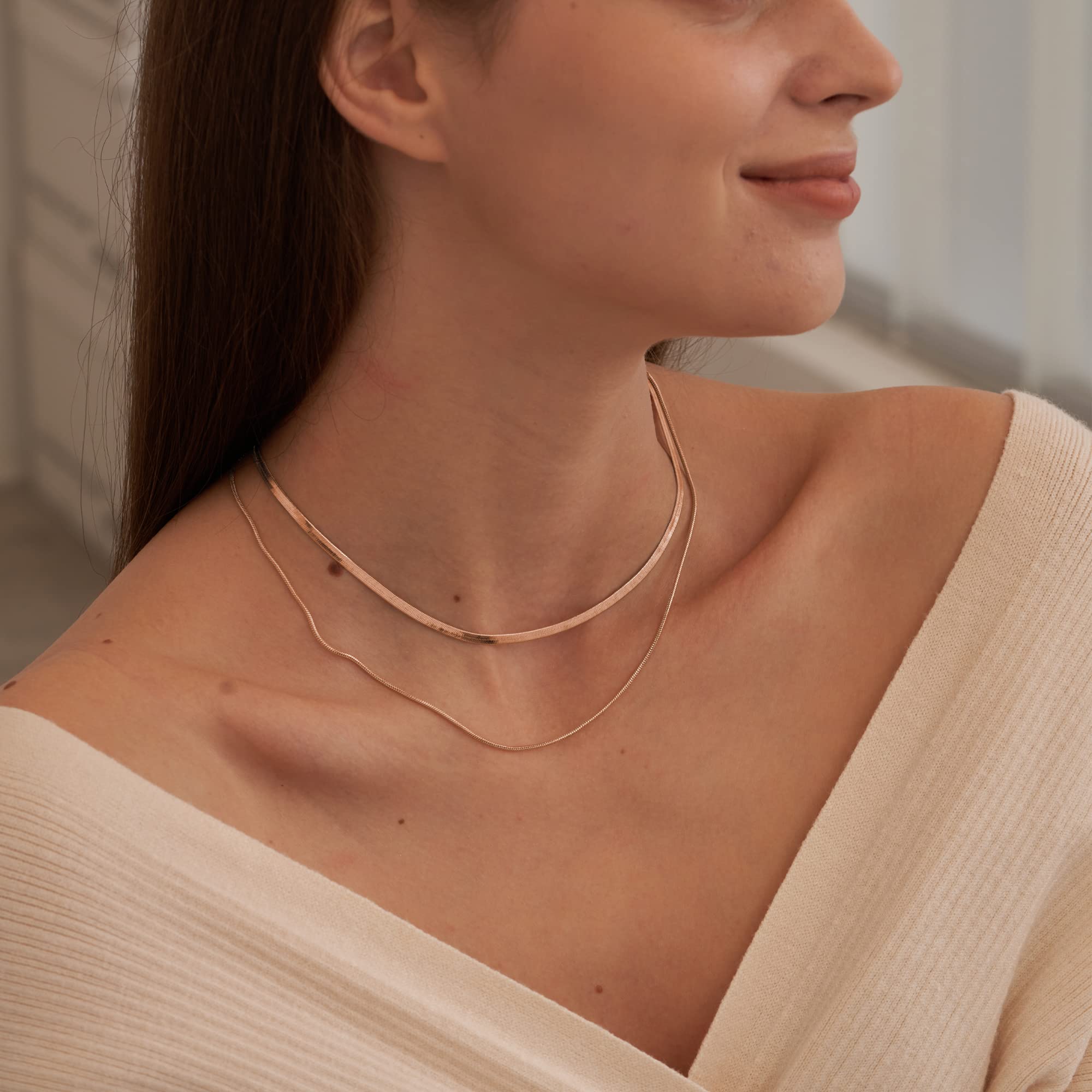 CHESKY 14K Gold/Silver Plated Snake Chain Necklace Herringbone Necklace Gold Choker Necklaces for Women Gifts Jewelry 1.5/3/5MM(W) 14"/16"(L) (layered rose gold)