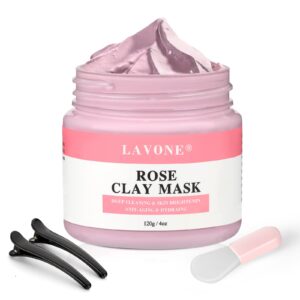 LAVONE Rose Clay Mask, Face Masks Skincare with Rose, Aloe and Green Tea Extract for Dark Spots, Ances, Blackheads, Controlling Oil and Refining Pores 4 Oz, for All Skin Types.