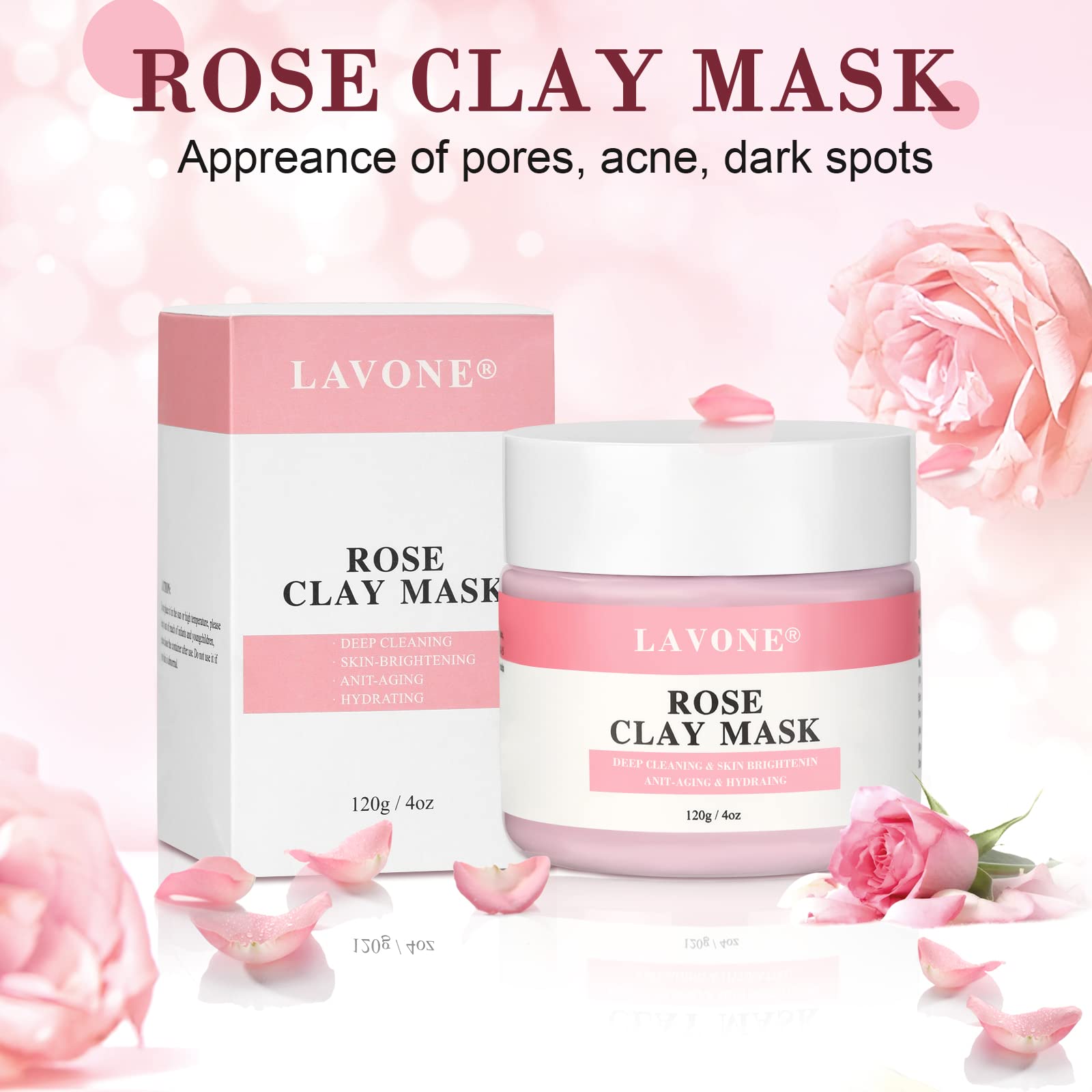 LAVONE Rose Clay Mask, Face Masks Skincare with Rose, Aloe and Green Tea Extract for Dark Spots, Ances, Blackheads, Controlling Oil and Refining Pores 4 Oz, for All Skin Types.