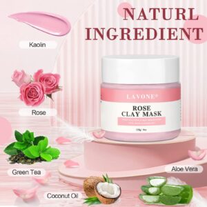 LAVONE Rose Clay Mask, Face Masks Skincare with Rose, Aloe and Green Tea Extract for Dark Spots, Ances, Blackheads, Controlling Oil and Refining Pores 4 Oz, for All Skin Types.