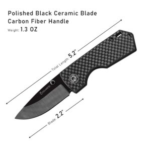 Cool Hand 5.2'' Carbon Fiber Folding Knife, 2'' Polished Black Mirror Ceramic Blade, EDC Foldable Pocket Knife, Liner Lock, 1.5 OZ Light Wight, Ambi Thumb Stud