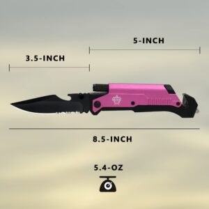 CHELONIAN 8.5" Military Outdoor Hunting Camping Pocket Knife, 7 in 1 Multi-Function Folding Knives with Fire Starter LED Light Seatbelt Cutter Glass Breaker Bottle Opener Tactical Blade (Pink)