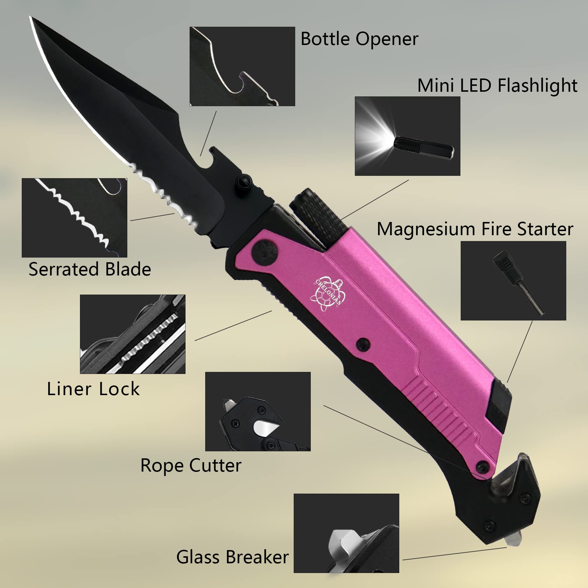 CHELONIAN 8.5" Military Outdoor Hunting Camping Pocket Knife, 7 in 1 Multi-Function Folding Knives with Fire Starter LED Light Seatbelt Cutter Glass Breaker Bottle Opener Tactical Blade (Pink)