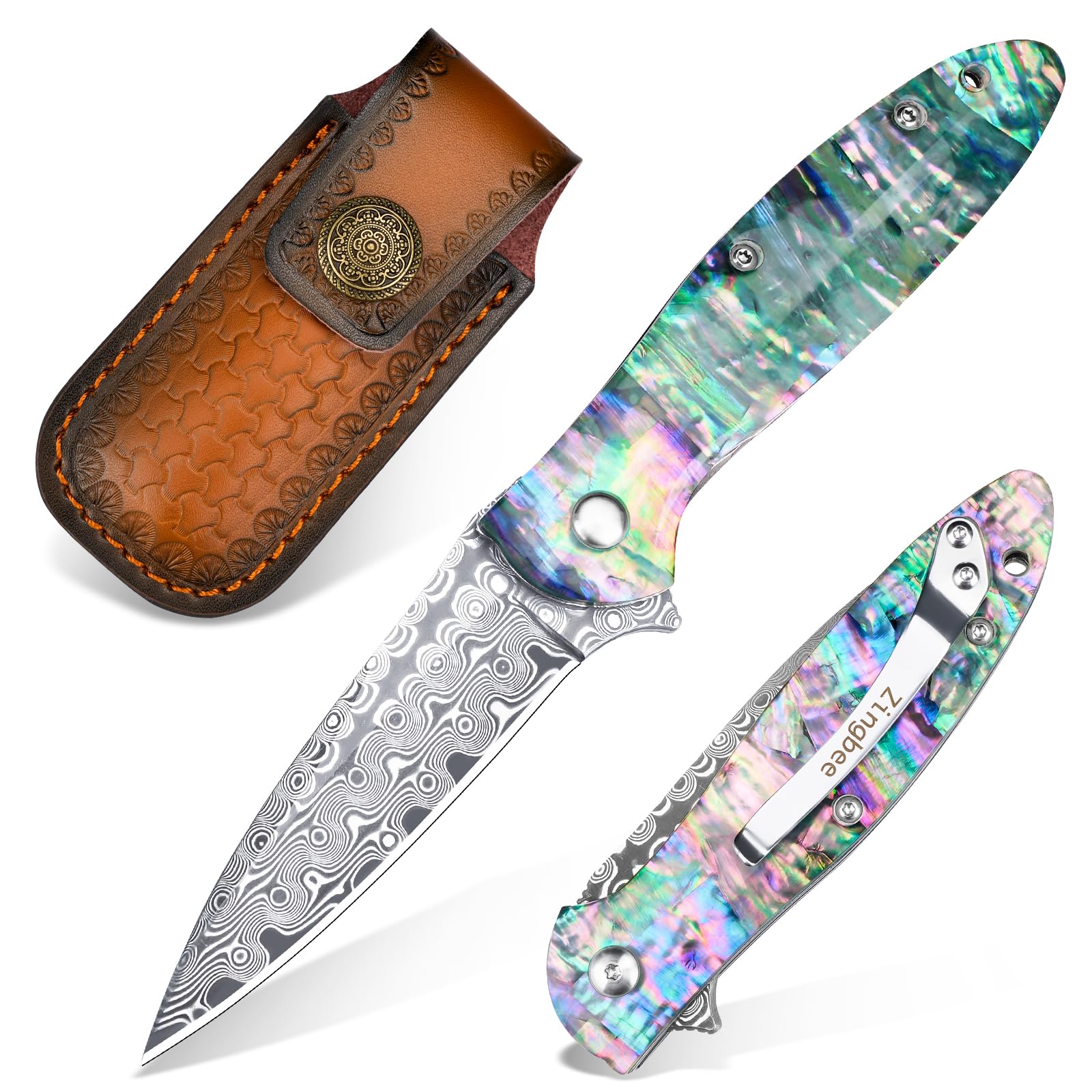 Zingbee Damascus Pocket Knife for Women, 2.87" Damascus Steel Blade EDC Knives for Men, Abalone Shells Handle, Pocket Knives & Folding Knives for Indoor Outdoor Camping Hiking