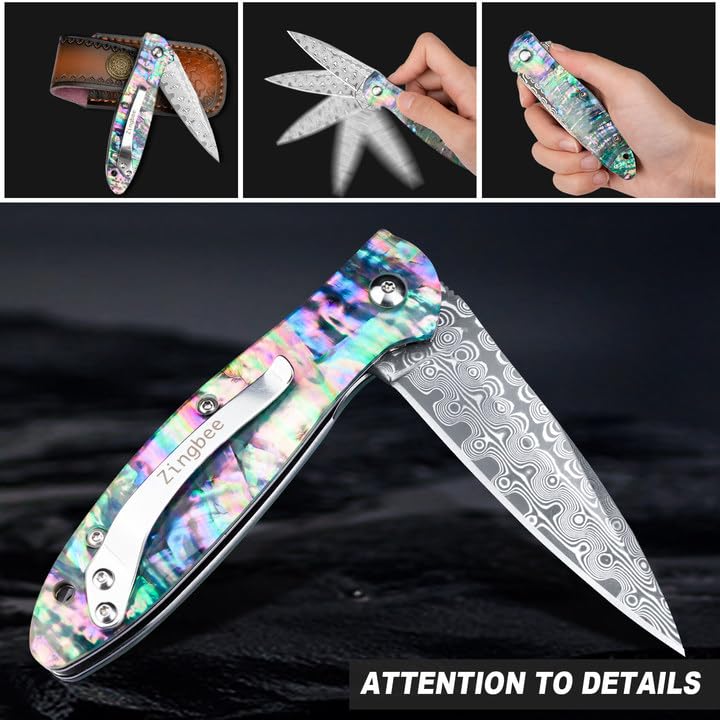 Zingbee Damascus Pocket Knife for Women, 2.87" Damascus Steel Blade EDC Knives for Men, Abalone Shells Handle, Pocket Knives & Folding Knives for Indoor Outdoor Camping Hiking