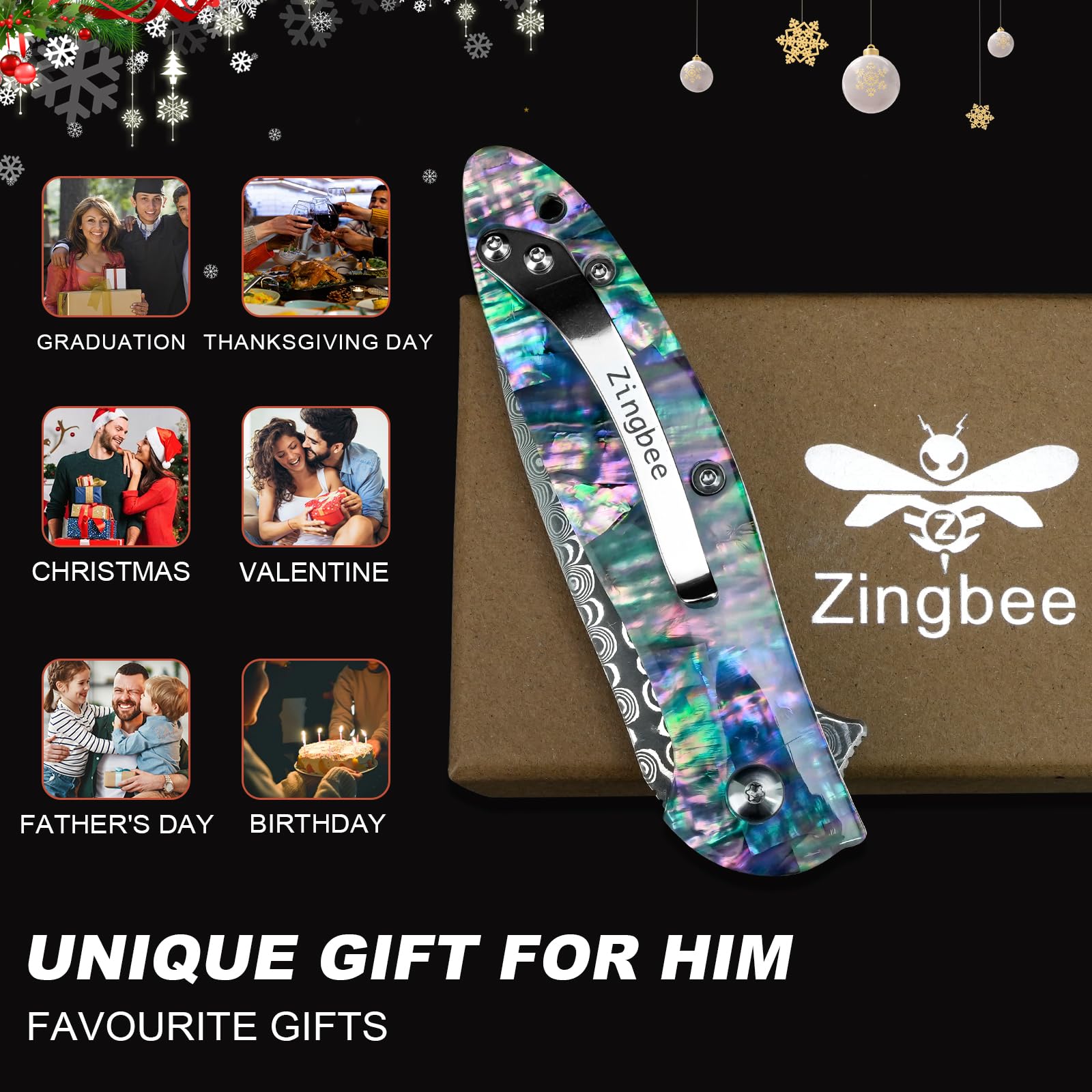 Zingbee Damascus Pocket Knife for Women, 2.87" Damascus Steel Blade EDC Knives for Men, Abalone Shells Handle, Pocket Knives & Folding Knives for Indoor Outdoor Camping Hiking