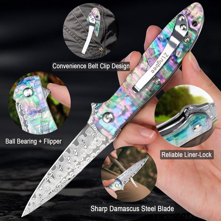 Zingbee Damascus Pocket Knife for Women, 2.87" Damascus Steel Blade EDC Knives for Men, Abalone Shells Handle, Pocket Knives & Folding Knives for Indoor Outdoor Camping Hiking