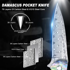 Zingbee Damascus Pocket Knife for Women, 2.87" Damascus Steel Blade EDC Knives for Men, Abalone Shells Handle, Pocket Knives & Folding Knives for Indoor Outdoor Camping Hiking