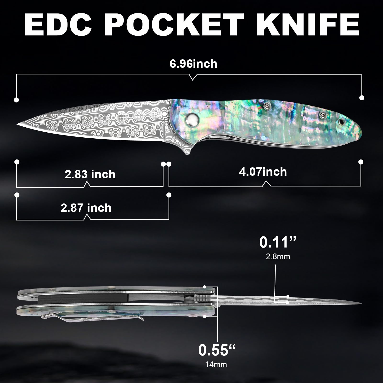 Zingbee Damascus Pocket Knife for Women, 2.87" Damascus Steel Blade EDC Knives for Men, Abalone Shells Handle, Pocket Knives & Folding Knives for Indoor Outdoor Camping Hiking