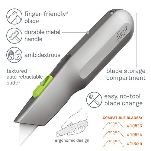 Metal-Handle Utility Knife, Finger Friendly Ceramic Blade, Auto Retracts for Safety, Heavy Metal Handle, Comfortable Grip, Stores Extra Blade, Ambidextrous, Easy Blade Change