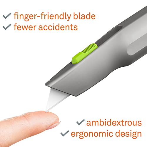 Metal-Handle Utility Knife, Finger Friendly Ceramic Blade, Auto Retracts for Safety, Heavy Metal Handle, Comfortable Grip, Stores Extra Blade, Ambidextrous, Easy Blade Change