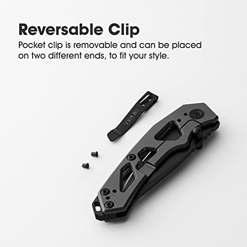 TRUE Tactical Knife | Partially Serrated Knife Blade with Lightweight Minimalist Handle Featuring Emergency Glass Breaker and Pocket Clip, Black, One Size