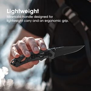 TRUE Tactical Knife | Partially Serrated Knife Blade with Lightweight Minimalist Handle Featuring Emergency Glass Breaker and Pocket Clip, Black, One Size