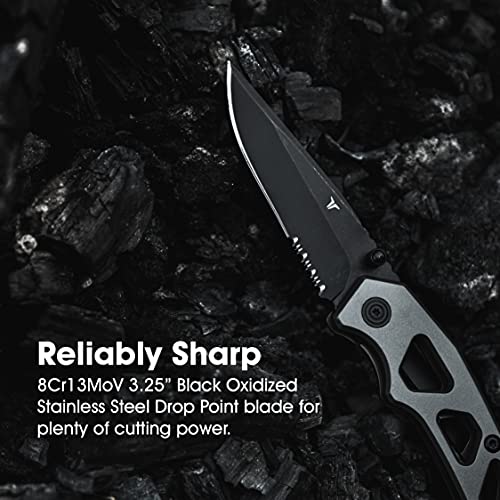 TRUE Tactical Knife | Partially Serrated Knife Blade with Lightweight Minimalist Handle Featuring Emergency Glass Breaker and Pocket Clip, Black, One Size