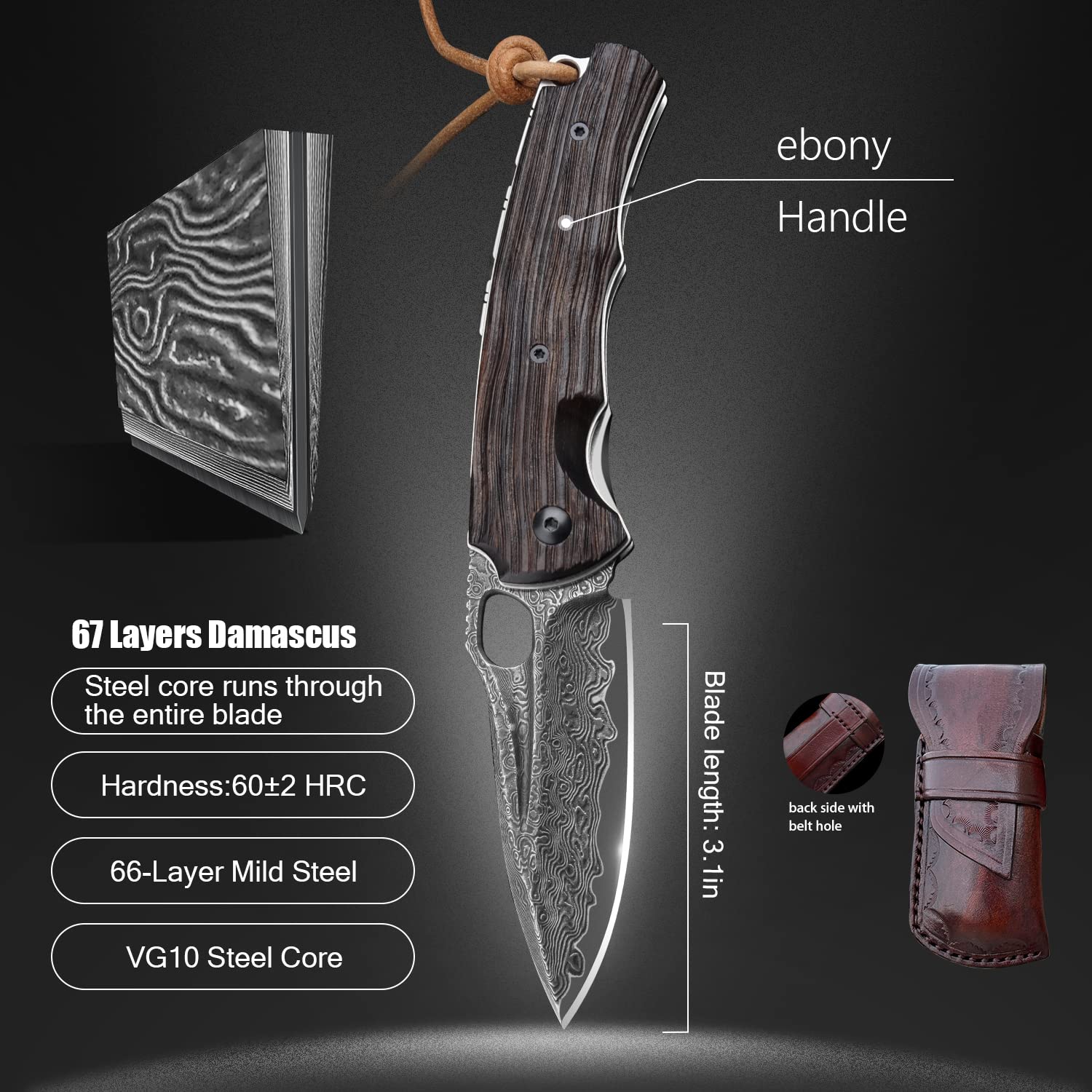 SPIRIT DEED Folding Knife 3in Handmade VG 10 Damascus Steel Knife Pocket Knife, Leather Case, Ebony Handle, with Padded Lock, Suitable for Outdoor Camping Fishing and Carrying Knives