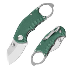 flissa 4" small folding pocket knife, lightweight utility knife, green g10 handle, edc pocket knife with 8cr13mov steel blade, carry pocket clip, bottle opener and flat head screwdriver, liner lock