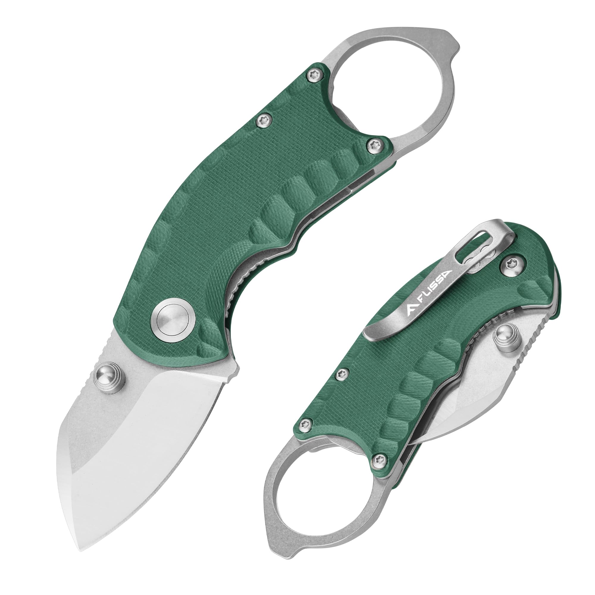 FLISSA 4" Small Folding Pocket Knife, Lightweight Utility Knife, Green G10 Handle, EDC Pocket Knife with 8Cr13MoV Steel Blade, Carry Pocket Clip, Bottle Opener and Flat Head Screwdriver, Liner Lock